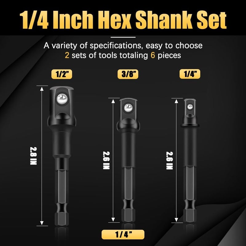 Tiosamd 6PCS Impact Grade Socket Adapter Set, 1/4", 3/8", 1/2" Drive Drill Socket Adapter, Premium Cr-V Socket Driver Adaptor, Hex Shank Driver Socket Adapter for Cordless Drill, Screwdriver, Power Drill - Image 2